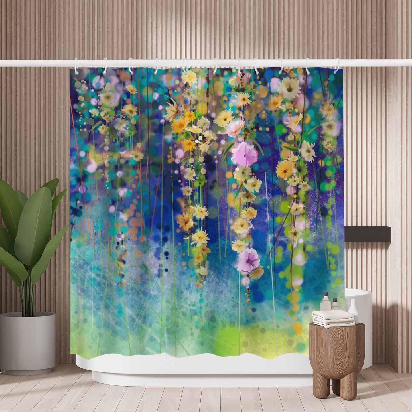 Woutay Shower Curtain Water Repellant Fabric Abstract Floral Watercolor,Mould Proof Resistant,Polyester,with 12 Plastic Hooks