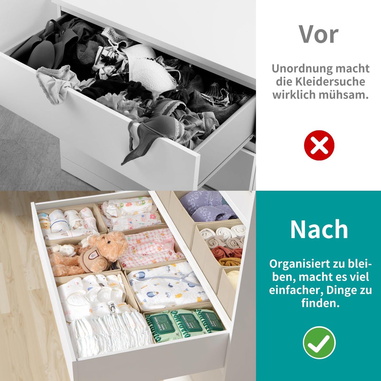 ORLISA Set of 16 Drawer Organisers, Compatible with PAX Wardrobe, 100 x 58 cm, Foldable Fabric Boxes with Sturdy Base for Clothes, Robust Beige