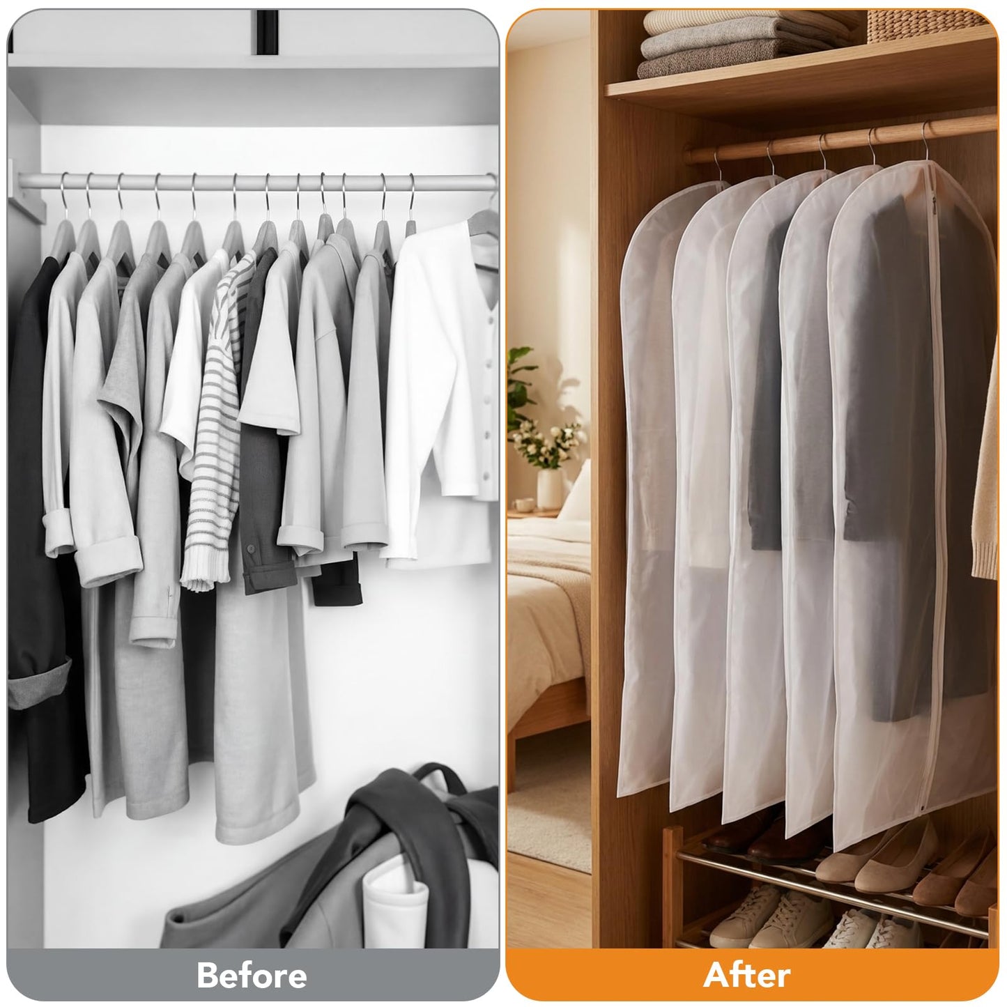 6 Pack Dress Bags Covers Long, 55in PEVA Garment Bags Suit Bags, White Edge