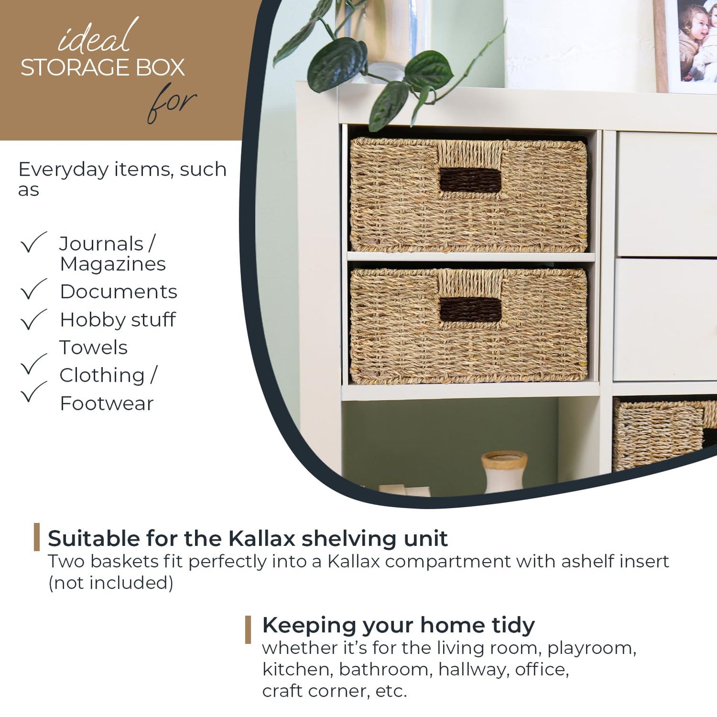 HMF Storage Basket compatible with KALLAX half shelf, basket woven from water hyacinth with handles | Set of 2 | 30 x 34 x 15 cm | Natural