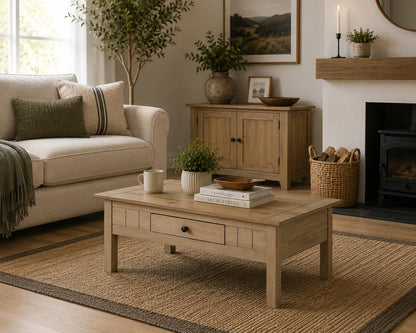 Mews Panama Coffee Table with 1 Drawer Solid Pine Wood Waxed Oak Finish Brown 100 x 60 x 45 cm