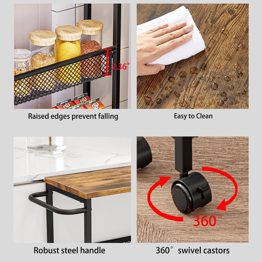 Dazioter Slim Rolling Cart 4 Tier Narrow Storage Cart on Wheels with MDF Board Top and Metal Handle for Small Space Kitchen Living Room Home Office
