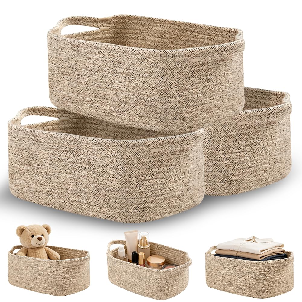 3-Pack Storage Baskets for Shelves, Woven Basket 32.5×22.5×14cm, Woven Storage Basket for Towels, Books, Toys, Living Room, Shoe Basket