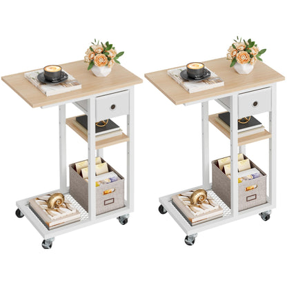 YITAHOME 2PCS C-Shaped Slim Sofa End Table with Fabric Drawer, Oak