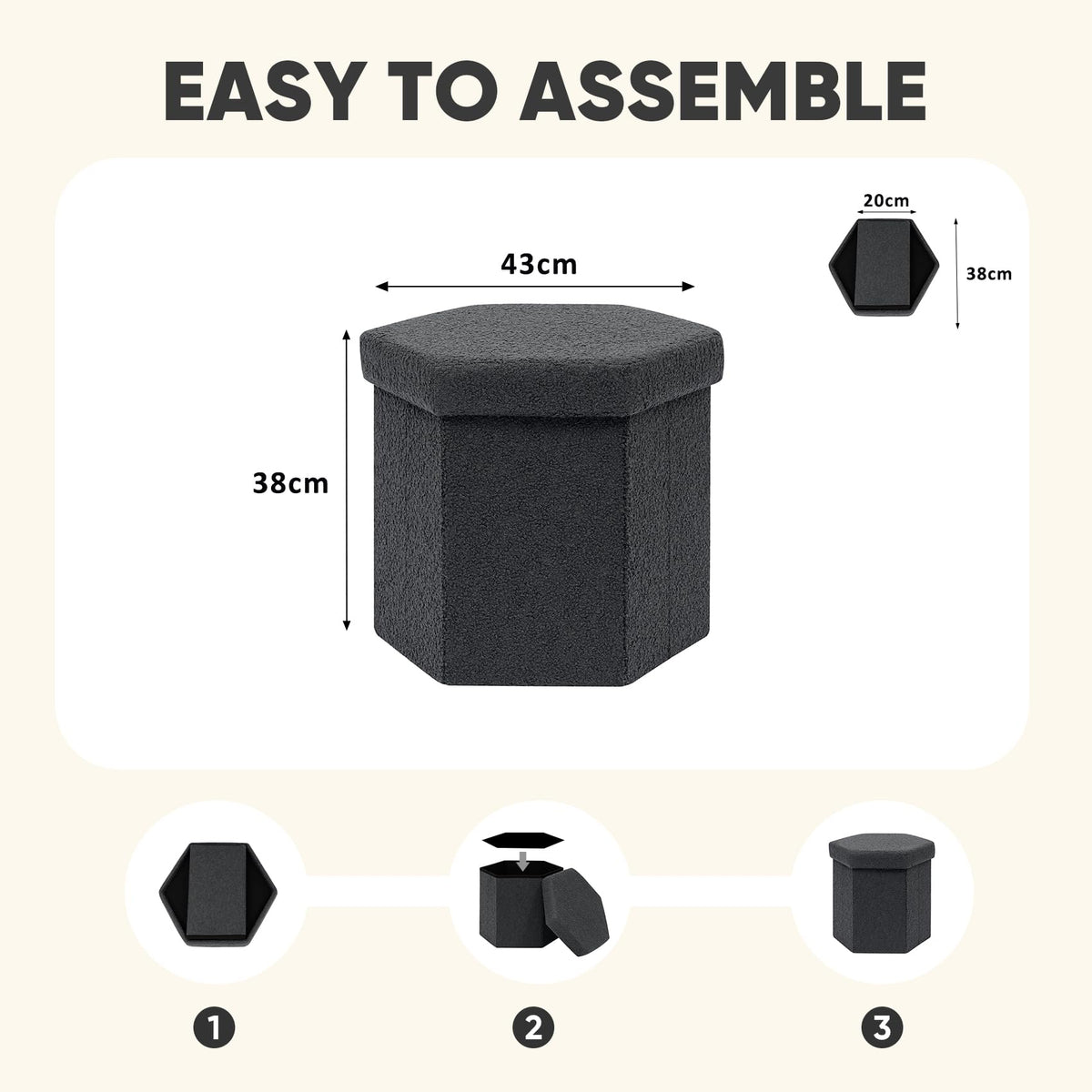 PINPLUS Boucle Ottoman Storage, Hexagonal Foldable Footrest, Dark Grey