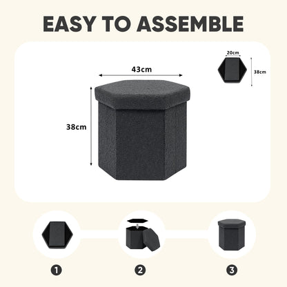 PINPLUS Boucle Ottoman Storage, Hexagonal Foldable Footrest, Dark Grey