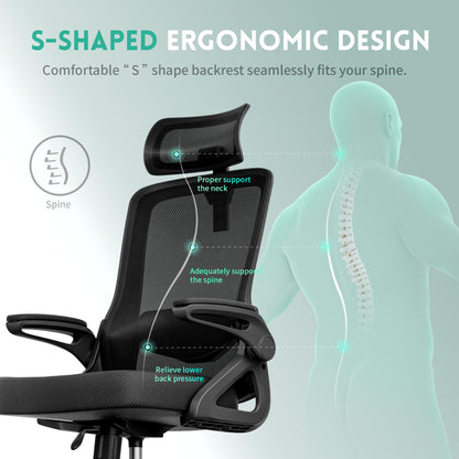 Ergonomic Office Chair, S-Shaped Mesh Desk Chairs, Adjustable Headrest & Lumbar Support, 90°Flip-Up Armrest