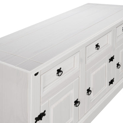 Corona Sideboard 3 Door 3 Drawer Country House All White Solid Mexican Pine Wood W 125cm x D 40cm x H 76cm