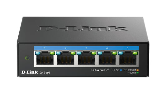 D-Link DMS-105 5-Port 2.5G Multi-Gigabit Unmanaged Desktop Switch with five 2.5 Gigabit Ports, Fanless, Low Profile, Compact, Metal Housing, QoS, Plug