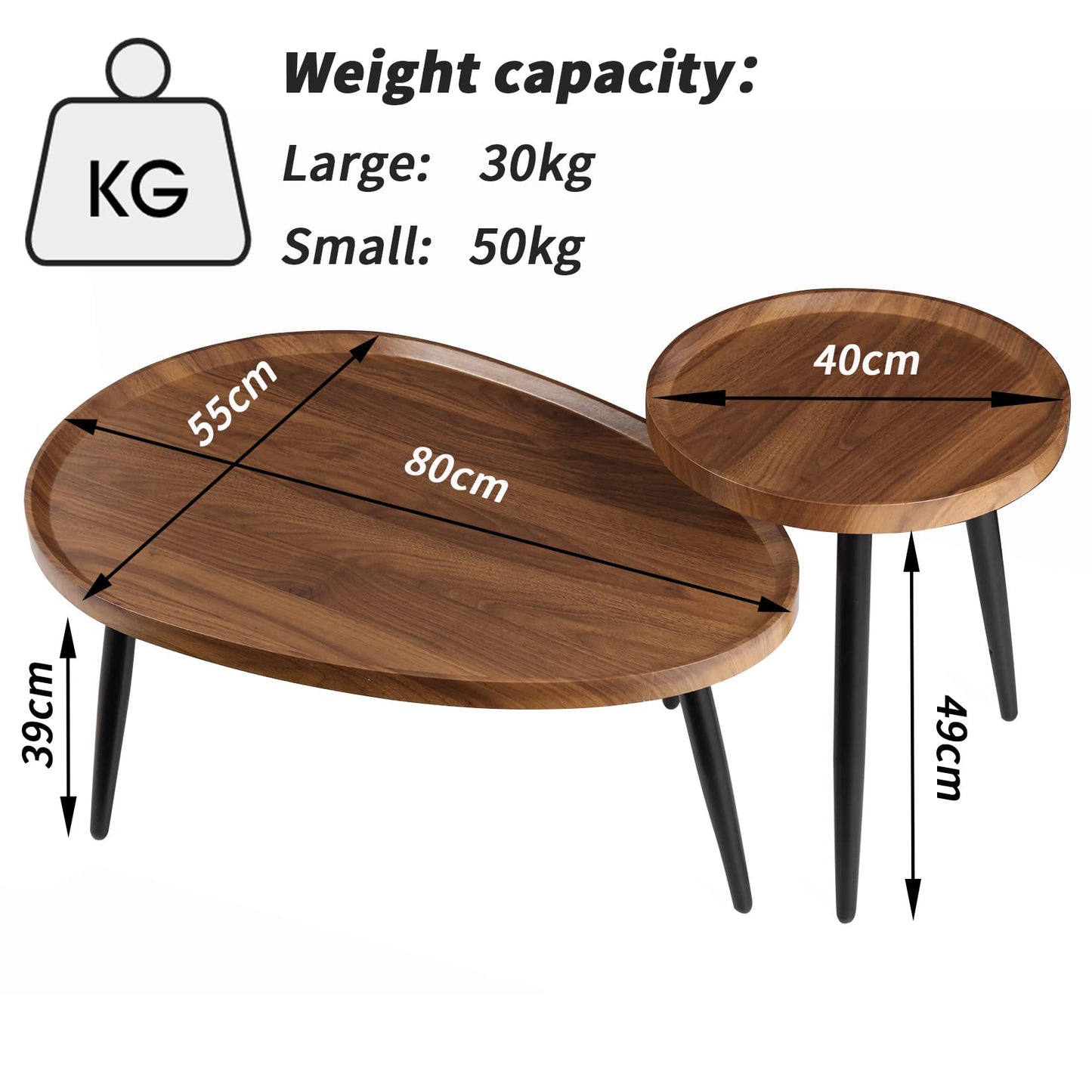 Oval Coffee Table Nest Wood: 2 Nesting Set Large 80cm and Small Round Tables 40cm MDF Wooden Tabletop Under Sofa Table with Metal Triangle Legs