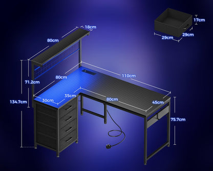 Coleshome L Shaped Gaming Desk with Drawers & Shelf, 110 × 80 cm