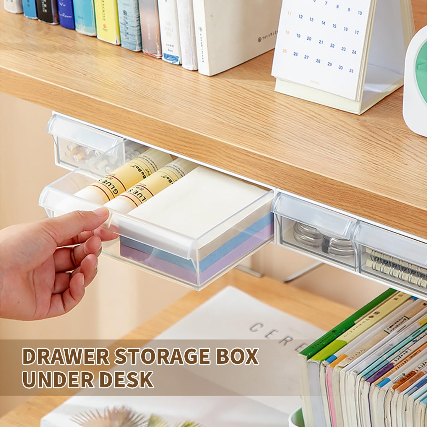 Under Desk Drawer, Desk Drawer, Self-Adhesive, Hidden Under Desk Drawers, Transparent Desk Drawers with 2 Compartments for Desk, Dressing Room