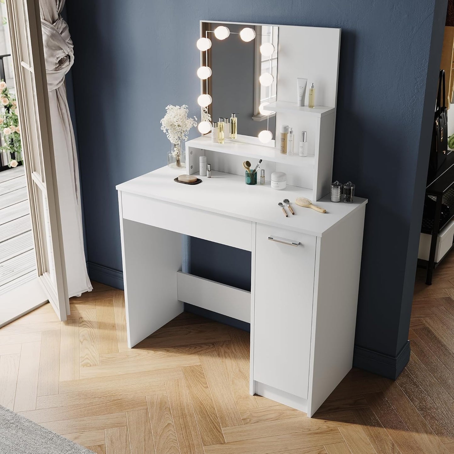 ZANOFIRA Bedroom Dressing Table with Large Mirror, 3 Colors LED Lights with Adjustable Brightness, Modern Makeup Desk with Mirror, White Makeup Table