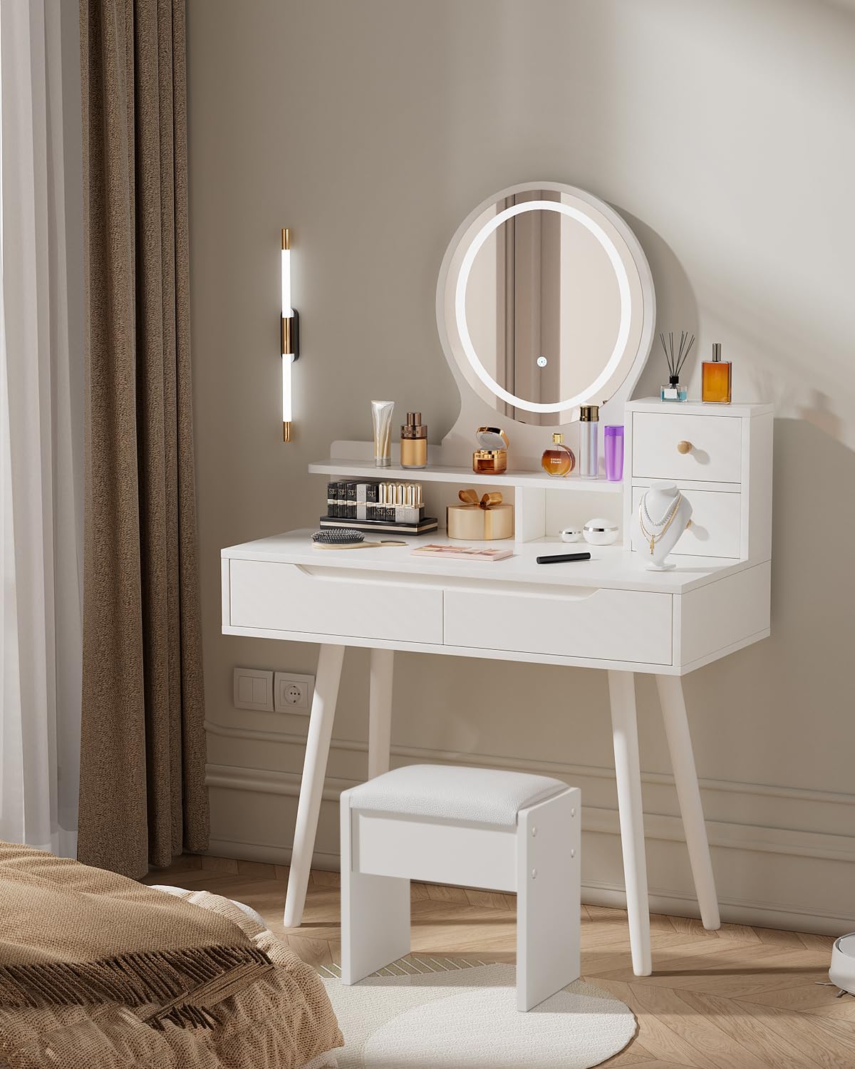 Dressing Table with Round Mirror and Stool, Small Vanity Desk, White