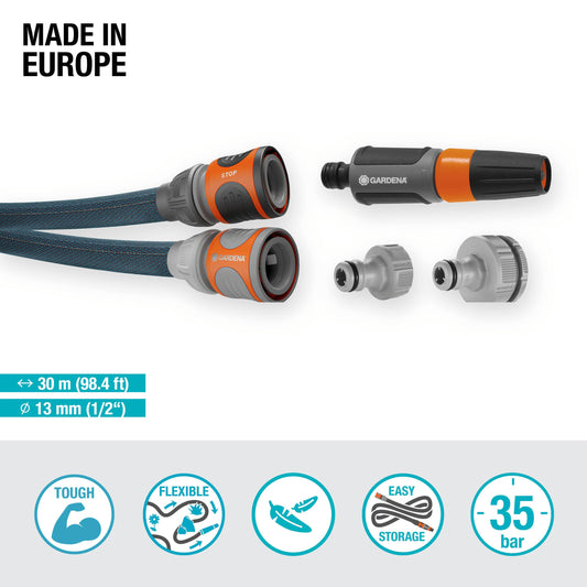 Gardena Liano Xtreme 1/2 inch, 30m set: Extremely robust textile garden hose, for indoor water taps, with PVC inner tube, lightweight,