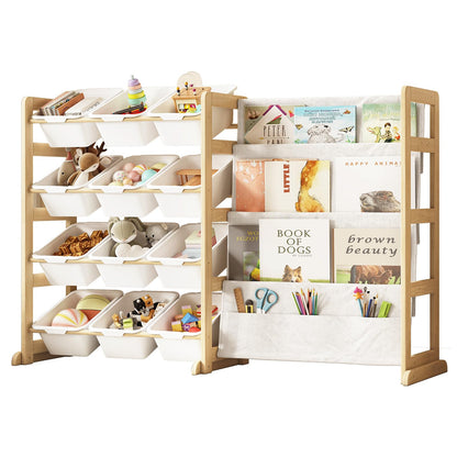 EXPERLAM Toy Storage Organizer with Bookshelf - 12 Storage Bins 4-Tier Multipurpose Shelf to Organize Toys and Books for Kids Room, Playroom