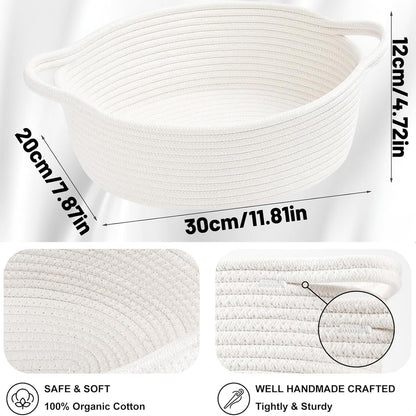 Woven Basket, White Rope Storage Basket with Sturdy Handles, Woven Storage Basket for Home Organisation, 30 x 20 x 12 cm