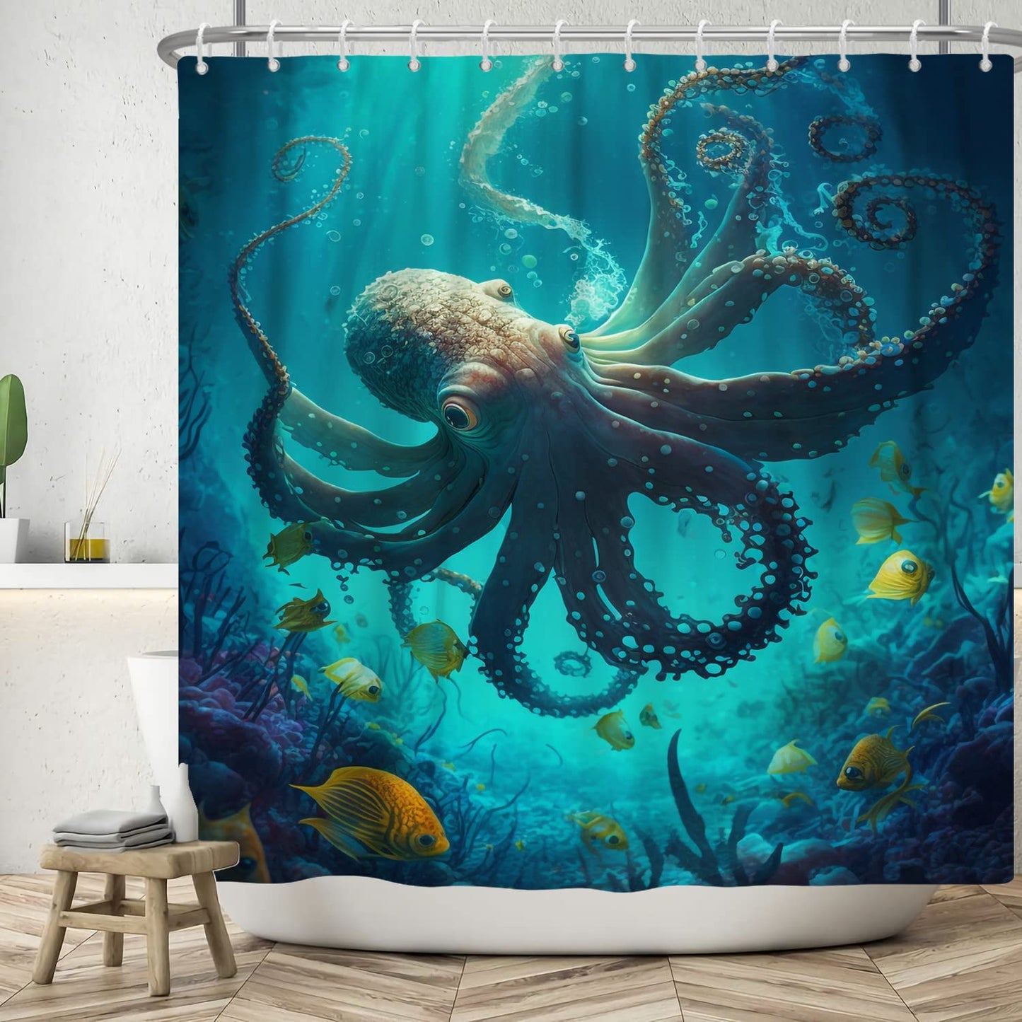 ASDCXZ Sea Floor Shower Curtain 180x180 cm, Blue Deep Sea Ocean Underwater World Marine Animals Octopus Fish Washable Shower Curtains Polyester