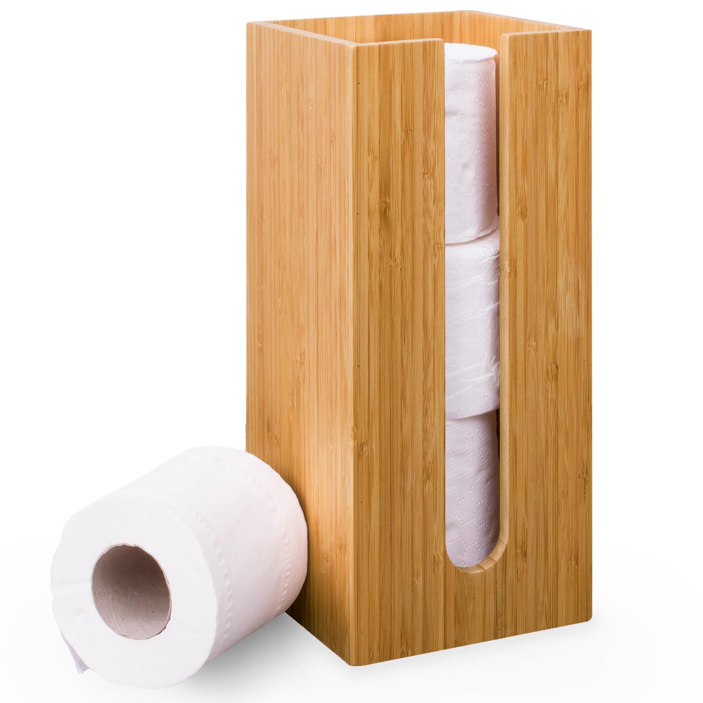 Woodluv Toilet Roll Holder Stand, Free-Standing Toilet Paper Storage Holder, Square Toilet Paper Loo Roll Holder Stand for Bathroom & Toilets, Bamboo