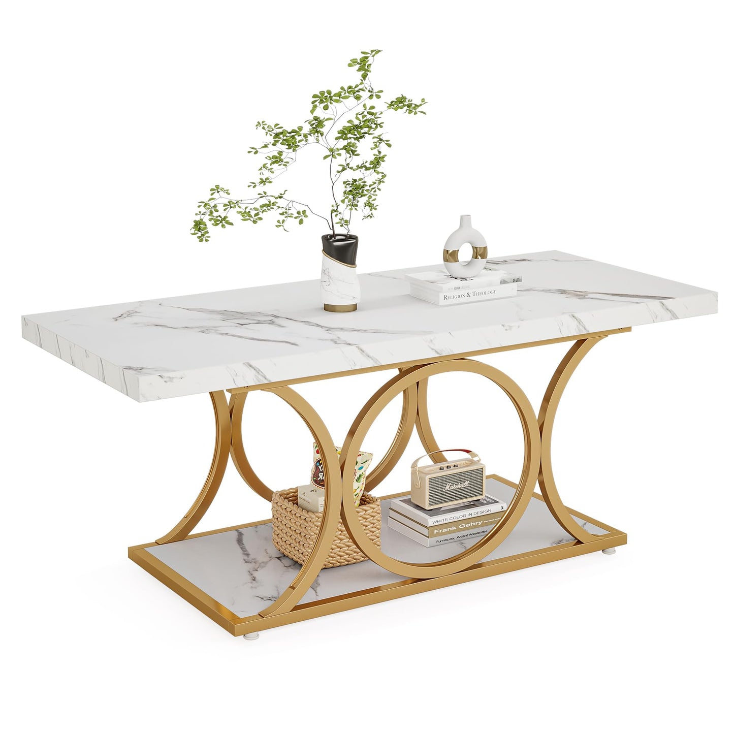 LITTLE TREE White Rectangle Coffee Table, 47 Inches Modern Coffee Tables for Living Room, 2-Tier Faux Marble Wood Coffee Table with Storage