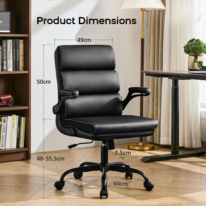 LukkDys Executive Office Chair with Flip-Up Armrests, 3-Stage Lumbar Support, Ergonomic Mid Back PU Leather Swivel Chair