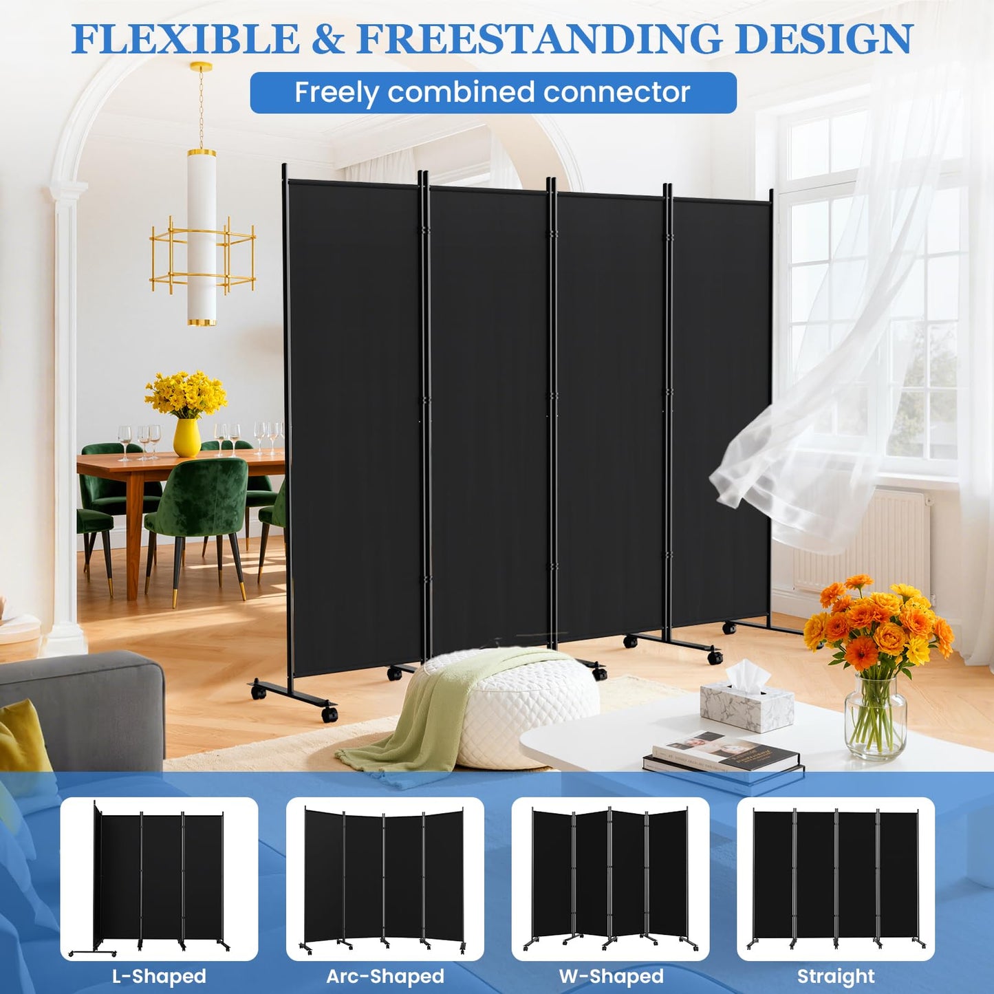 4 Panel Room Divider 183CM Folding Privacy Screens with Lockable Wheels