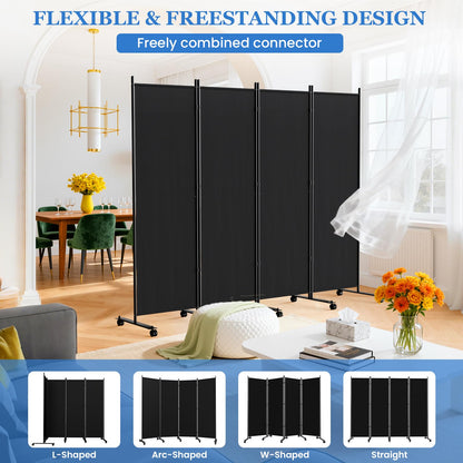 4 Panel Room Divider 183CM Folding Privacy Screens with Lockable Wheels