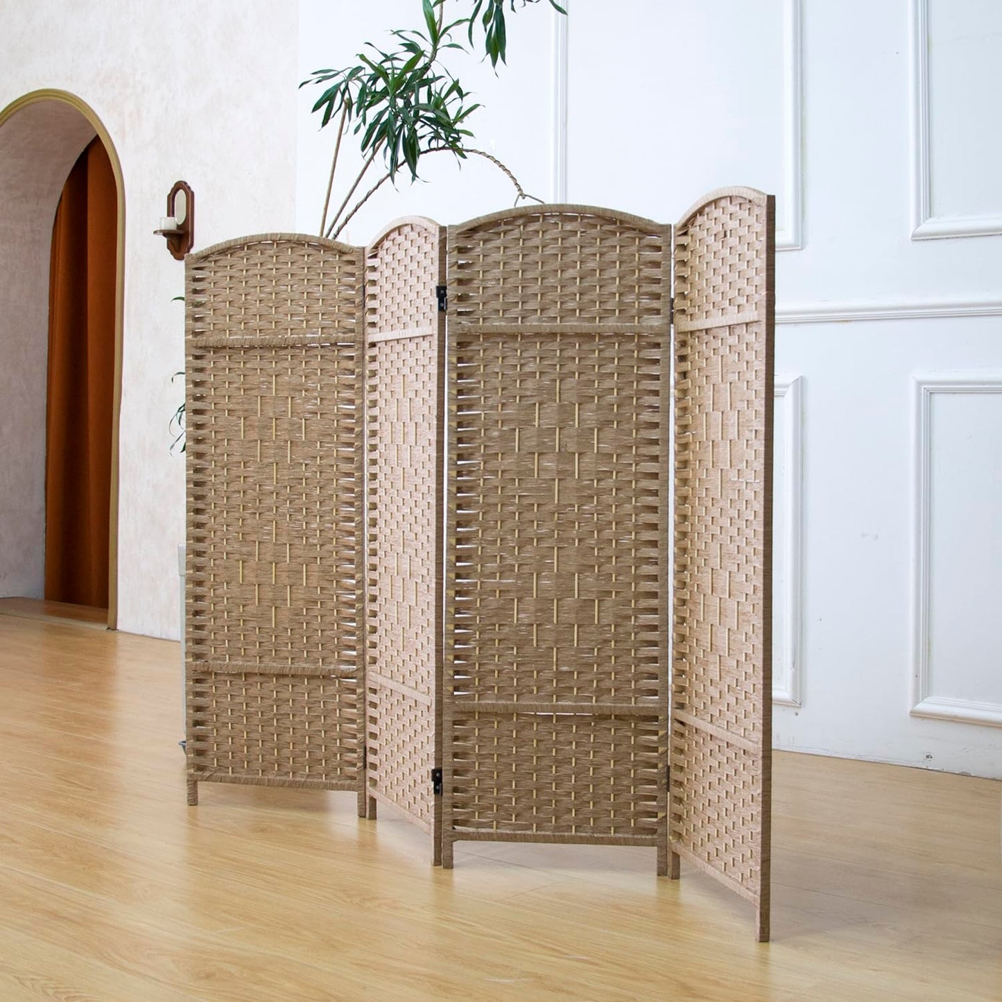 Furnnylane 4 Panel Light Brown Rattan Divider Short Room Partition Screen,Double Sided Short Folding Divider for Room Separation,120 cm Tall