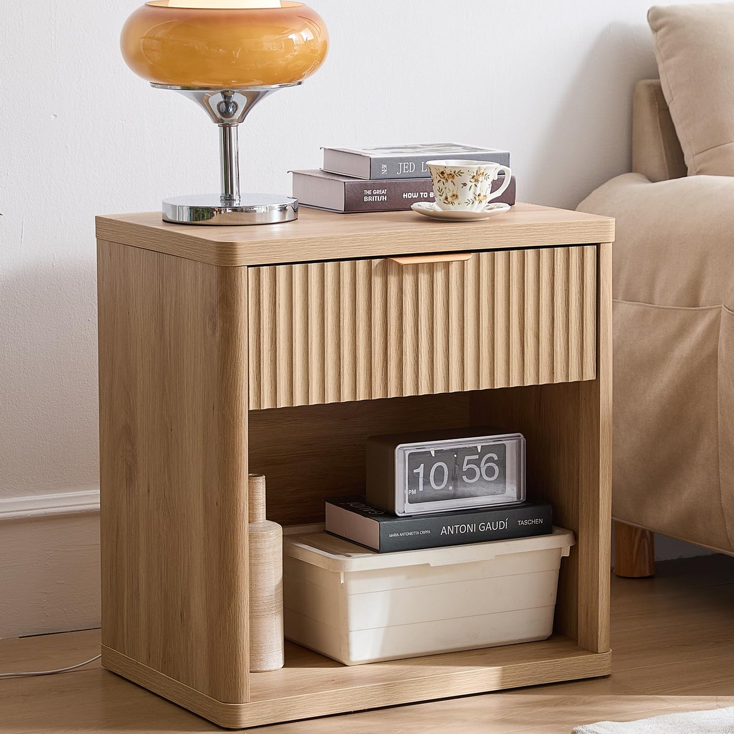 LELELINKY Fluted Nightstand, 23" Wide 1 Drawers End Table,Natural Night Stand with Open Storage Cabinet, Farmhouse Bed Side Tables, Wood Dresser for