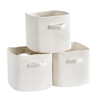 Mangata Set of 3 White Cotton Rope Cube Storage Baskets with Handles, 25x25x22cm, Woven Organisers for Shelves, Bathroom, Bedroom