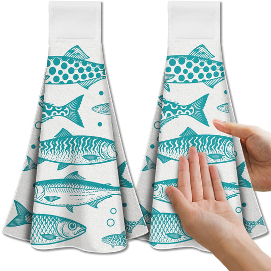 CUTHOLLOW Sardines Tea Towels for Kitchen with Loop, Set of 2 - Soft & Super Absorbent Microfiber Decorative Hanging Dish & Hand Towel, Tea, Coffee