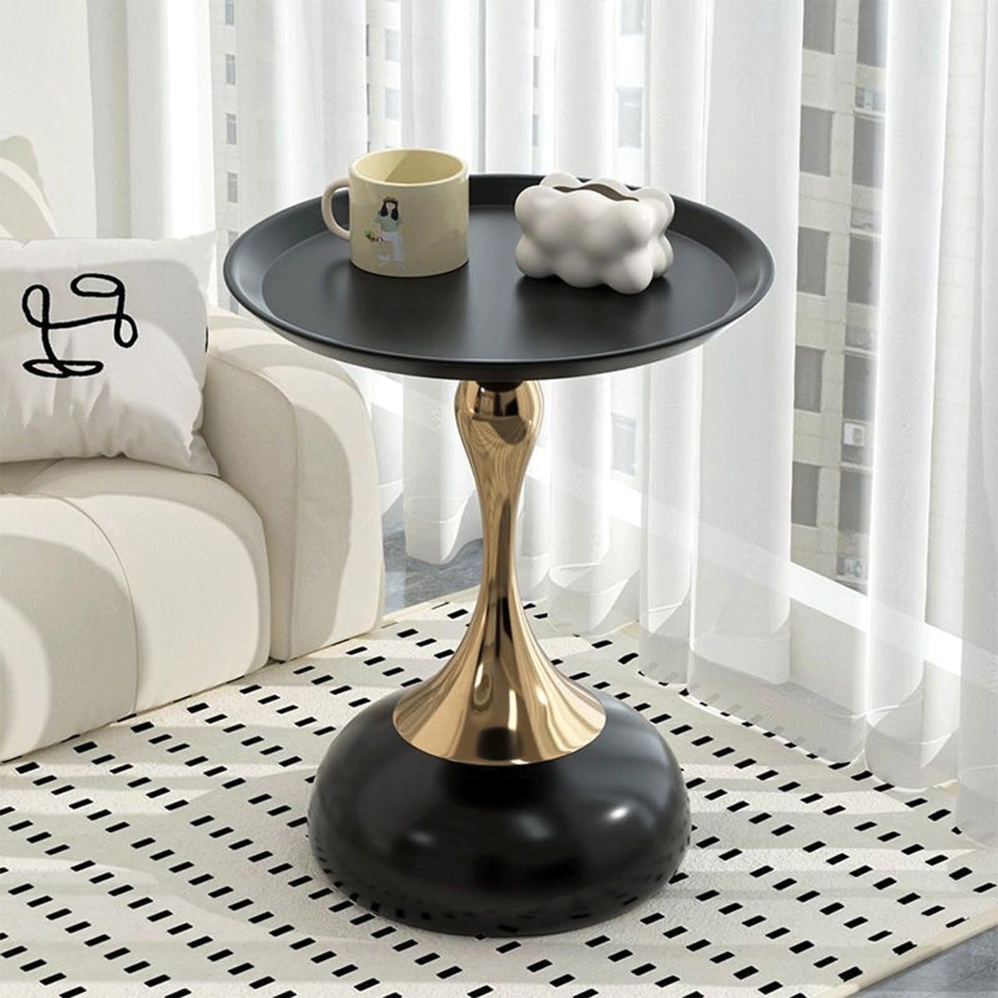 Modern Round Side Table with Gold Pedestal Base, Black Metal Top, Accent End Table for Living Room (黑色)