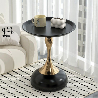 Modern Round Side Table with Gold Pedestal Base, Black Metal Top, Accent End Table for Living Room (黑色)