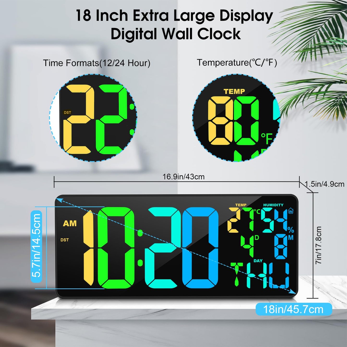 XREXS 18 Inch Digital Wall Clock Large Display, 10 RGB Color Changing Extra Large Digital Wall Clock with Remote Control, Date, Temp/Humidity, Auto