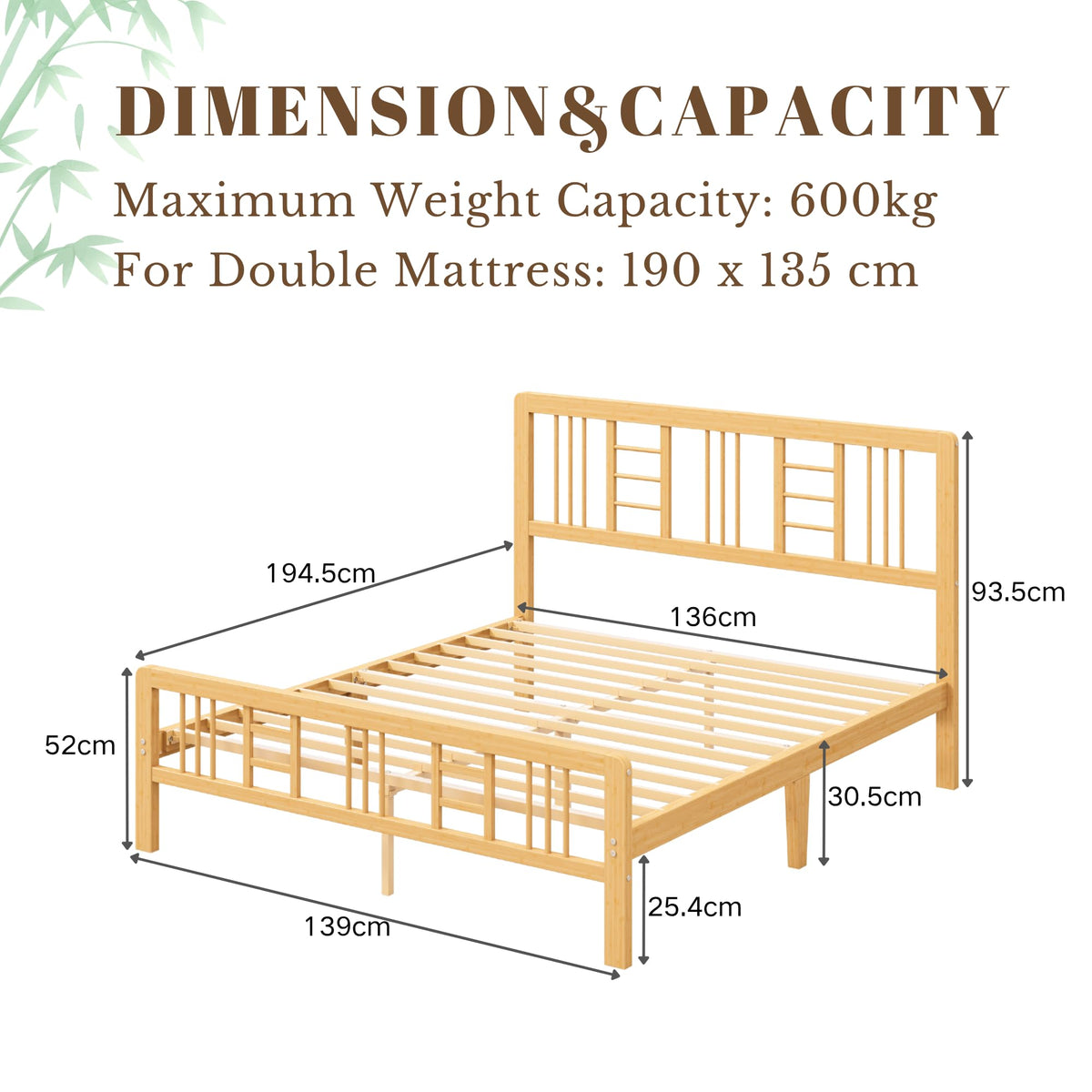 Hunlostten Wooden Double Bed Frame with Headboard - Bamboo Wood Bed Frames with Metal Slats Support and Underbed Storage, Easy to Install, Noise Free