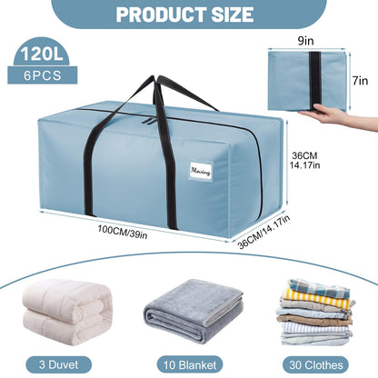 Dntorx 6 Pack 120L Moving Bags and Storage Bag Dorm Moving Essential, Blue