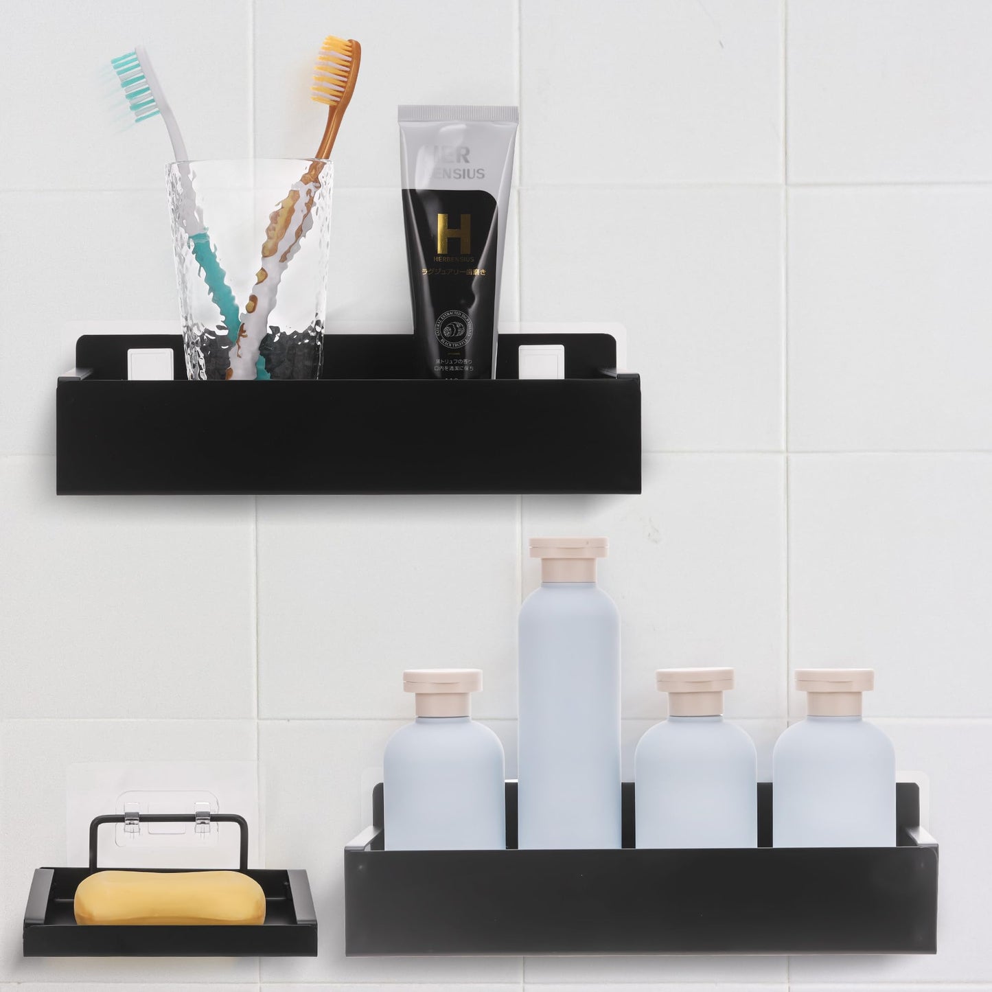 JIZZU 3PCS Shower Caddy Carbon Steel, Shower Shelf No Drilling with Soap Dish, Rustproof Black Bathroom Shelf Wall Mounted, Self Adhesive Bathroom