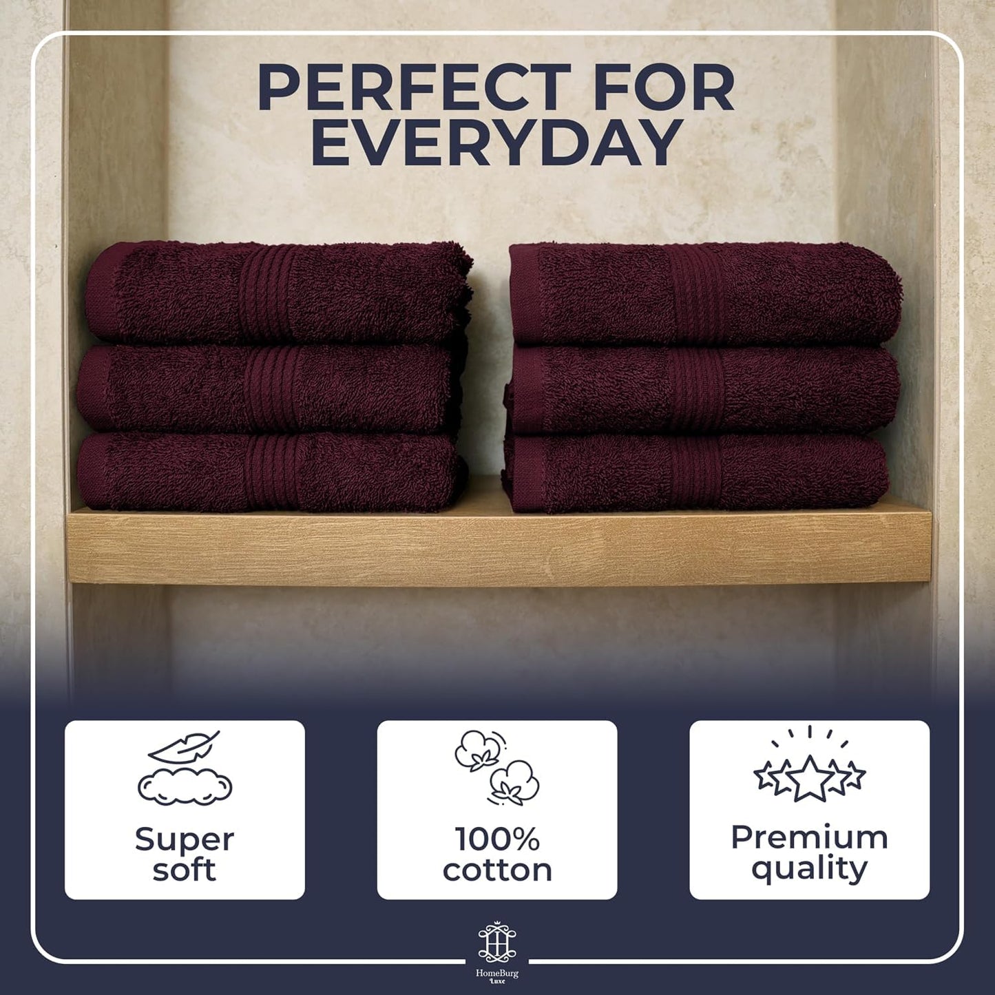 HomeBurg Luxe 6-Piece Towel Set – Soft & Absorbent Cotton, Quick-Drying, Easy Care, 40 x 70 cm, Velvet Wine