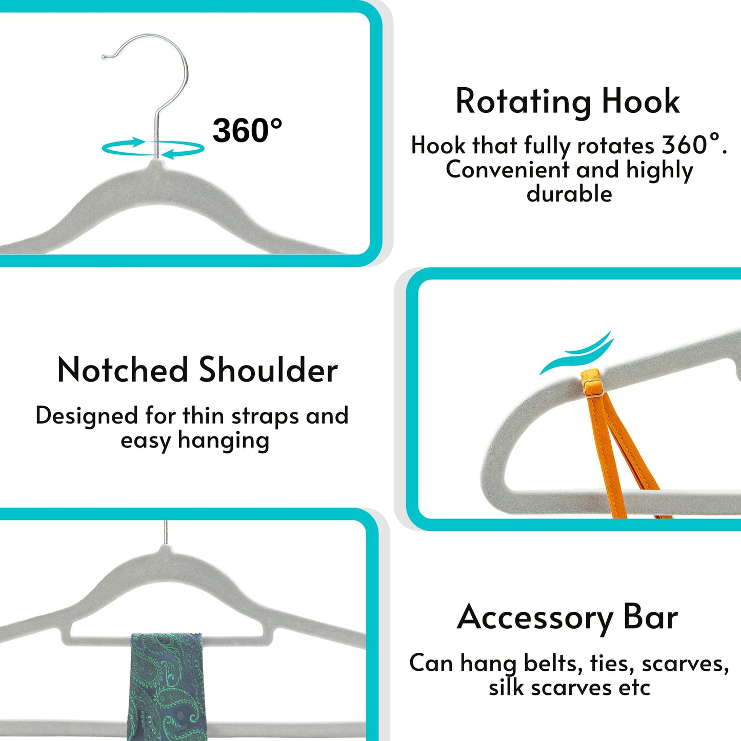20 Non Slip Velvet Hangers | Heavy Duty Grey Felt Coat Hangers |360 Degree Swivel Hooks |Premium Space Saving Design