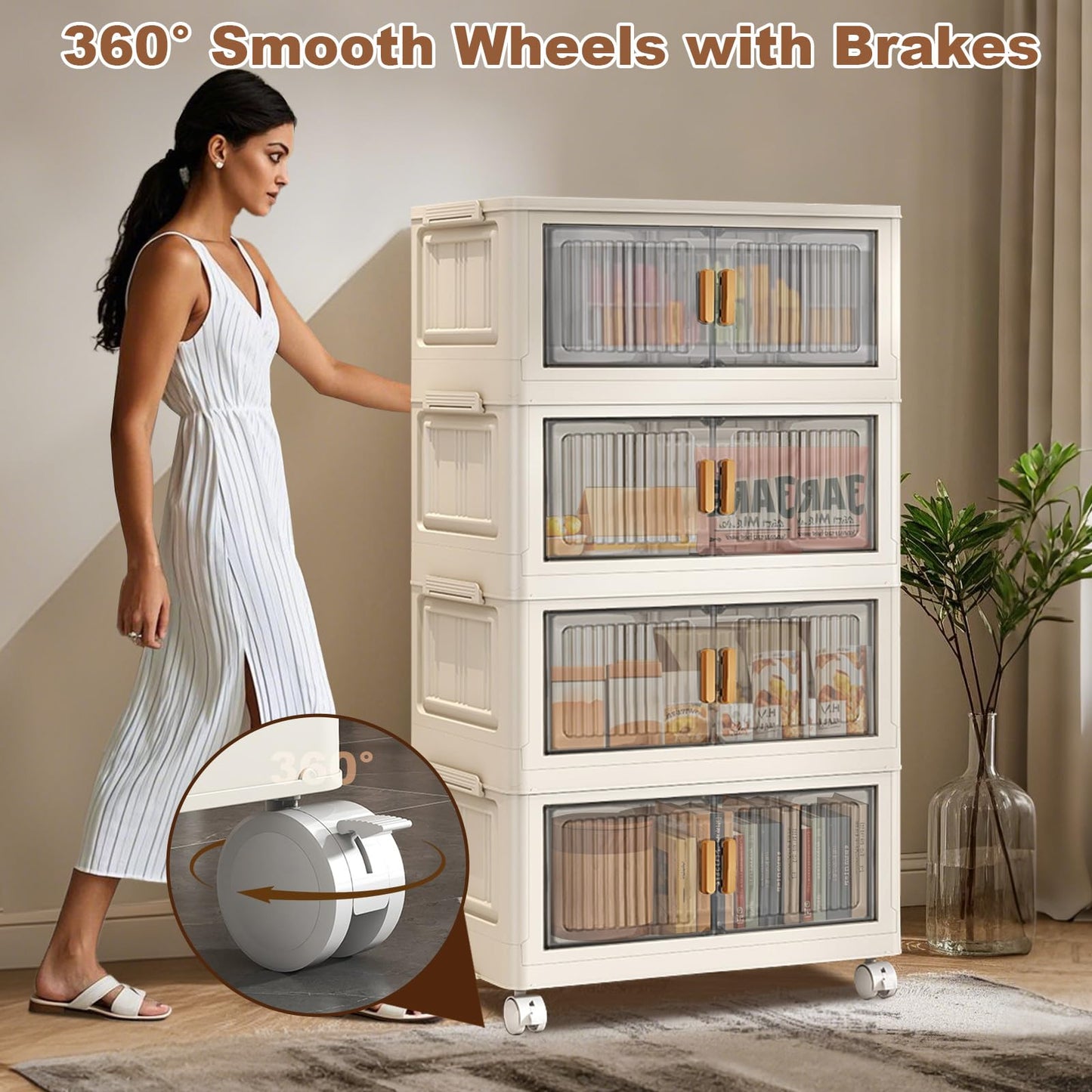 4-Layers Storage Boxes with Lid, Stackable Bins with Magnetic Double Door, Foldable Plastic Storage Organizer with 360° Wheels for Bedroom Living
