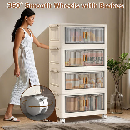 4-Layers Storage Boxes with Lid, Stackable Bins with Magnetic Double Door, Foldable Plastic Storage Organizer with 360° Wheels for Bedroom Living