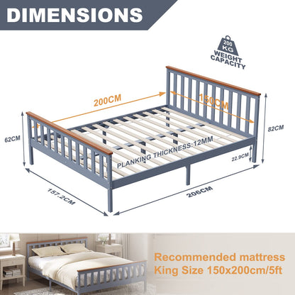 ELEGANT King Solid Wood Bed Frame with Slatted Headboard 5ft, 150x200cm