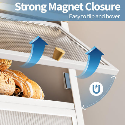 Urackify Bread Bins for Kitchen, Two-Layer Large Bread Box, White Bread Bin with Striped Window Door Panel, Bread Storage with Wood Handle, kitchen