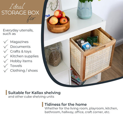 HMF Storage basket suitable for Kallax shelves, basket made of rattan with Viennese wicker and acacia wood, pattern 3, 32 x 34 x 32 cm