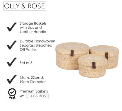 Olly & Rose Set 3 Natural Seagrass Storage Baskets with Lids - Bleached Off-White - Durable 25,22,19cm Premium Home Decor