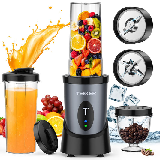 TENKER Portable Mini Blender, 900W Personal Smoothie Maker with 2x650ml Portable Blender Bottles, 2pcs To-Go Lids and 300ml Grinder, BPA-Free, for