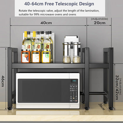 Haipky 2-Tier Adjustable Microwave Oven Rack, Expandable Kitchen Countertop Shelf with 6 Hooks, Metal Baker Rack, Space-Saving Kitchen Organizer
