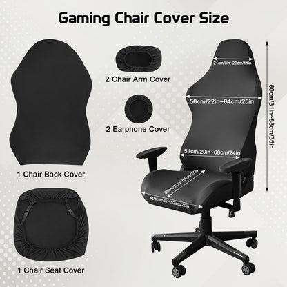 6Pcs Gaming Chair Set - Soft Breathable Black Stretch Cover & Arm & Headphone Accessories for Office & Computer Swivel Chairs