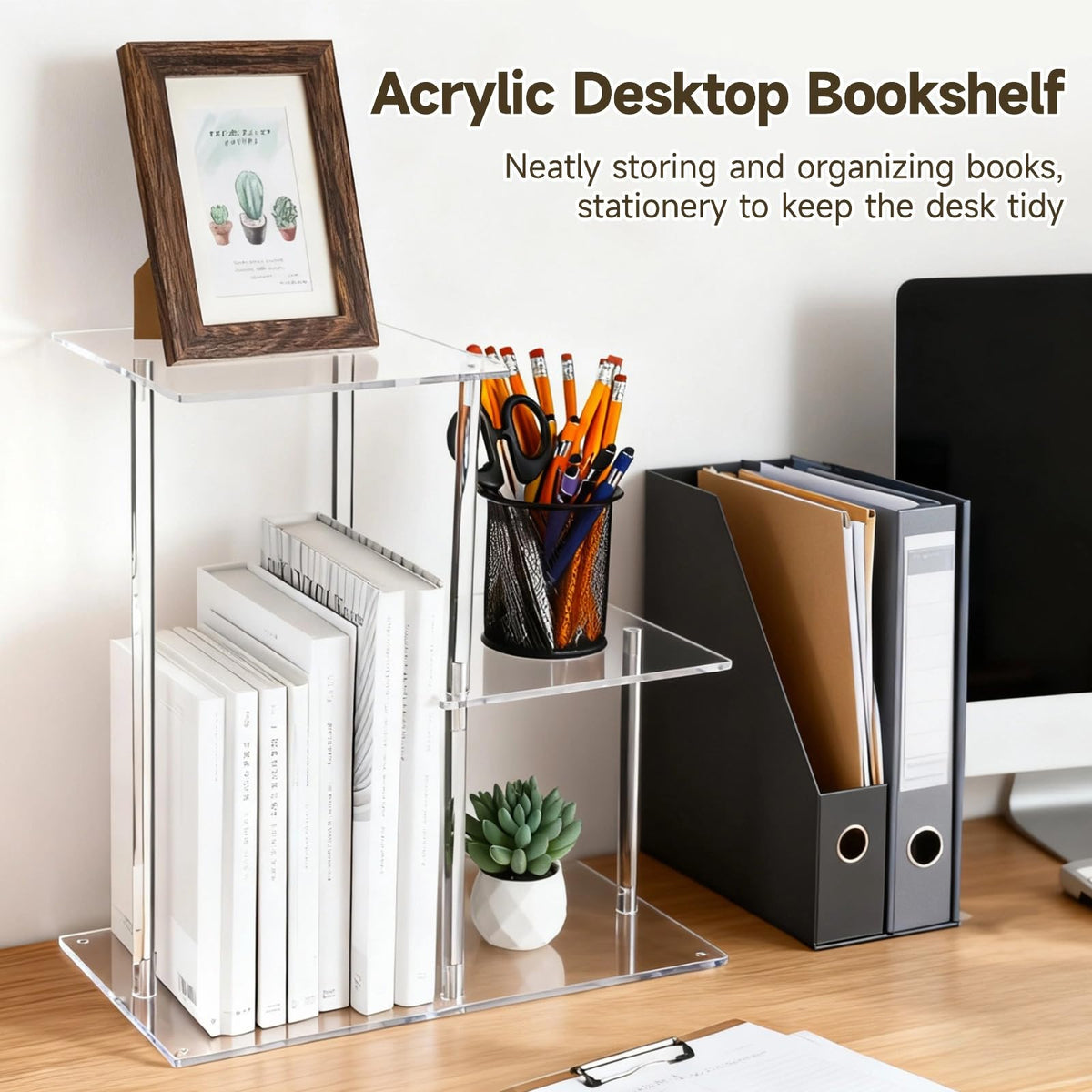 3-Tier Clear Acrylic Desktop Bookshelf, Modern Table Top Shelf Organizer with Silicone Pads, Easy to Assemble