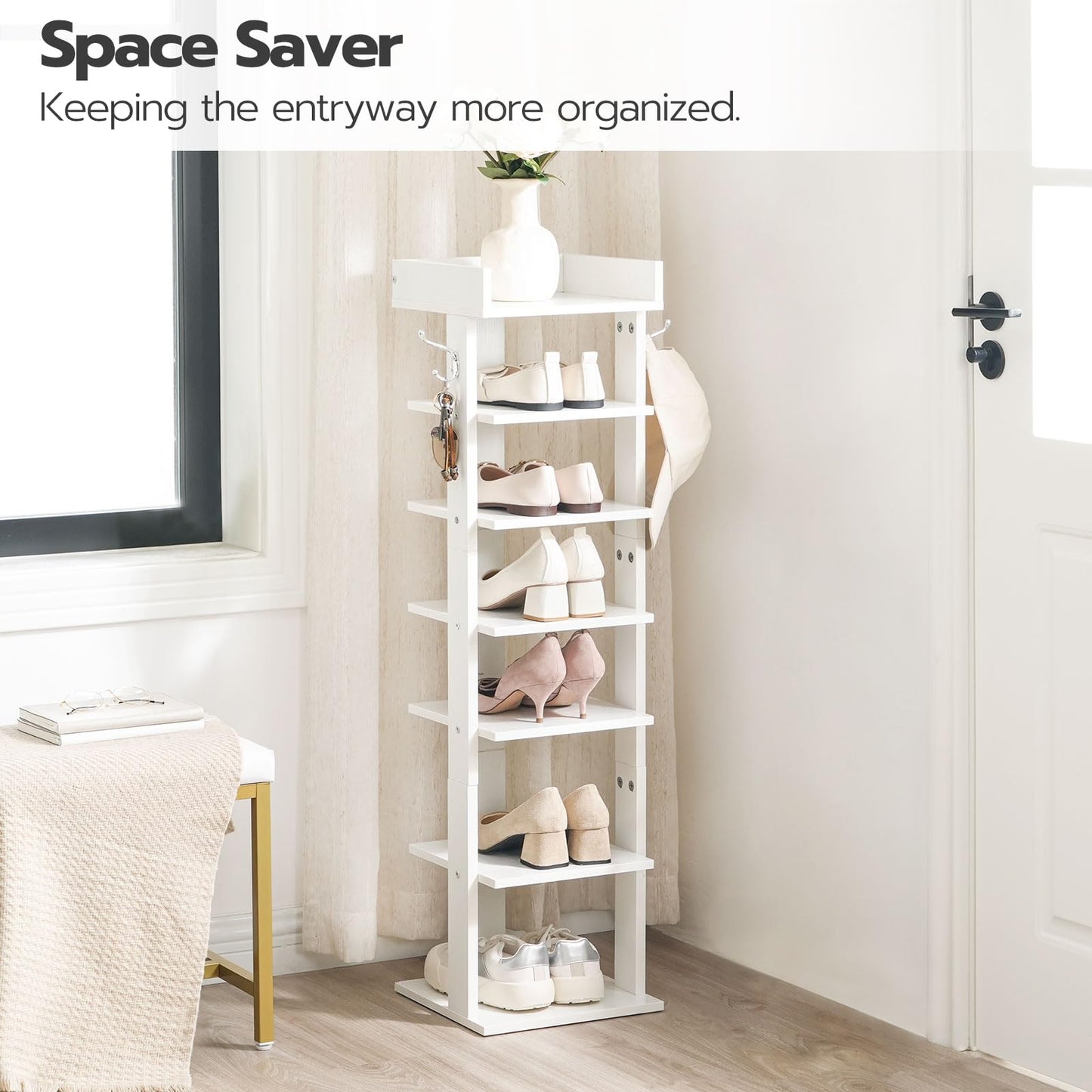 HOOBRO Vertical Shoe Rack, 7 Tier Shoe Storage Organizer with Hooks, Narrow Shoe Rack for 7 Pairs, Space Saving, Stable and Strong, for Entryway